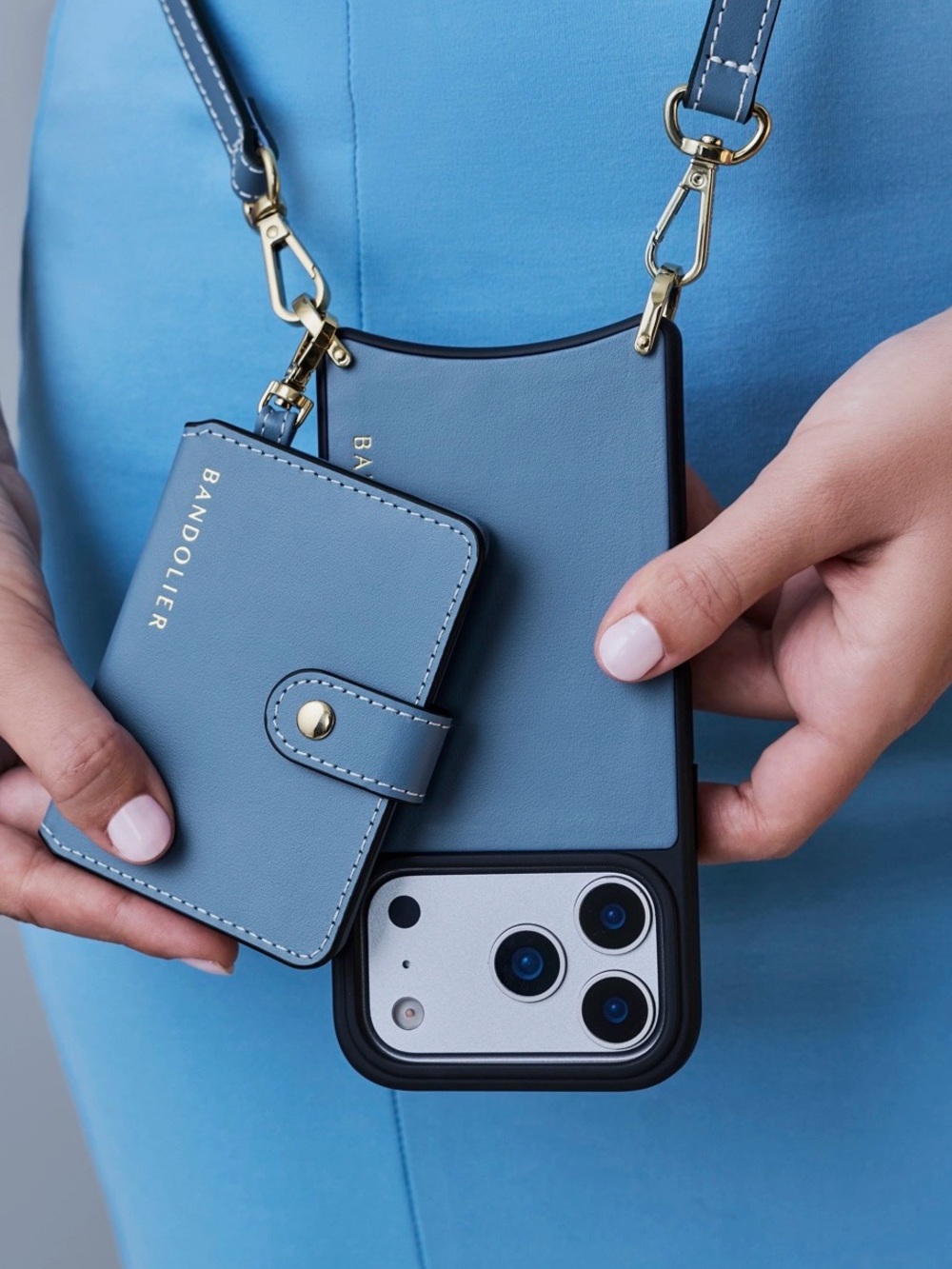 Bandolier Blue Leather Card & Key Holder Strap with Gold Hardware